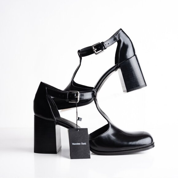 Massimo Dutti Chunky Leather Mary Janes Heels Black US 9 EU 40 1414/450 NWB - Picture 1 of 9